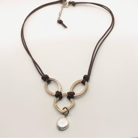 Silpada Jewelry - Silpada Textured Sterling Silver Coin Pearl Brown Leather Necklace N1257
